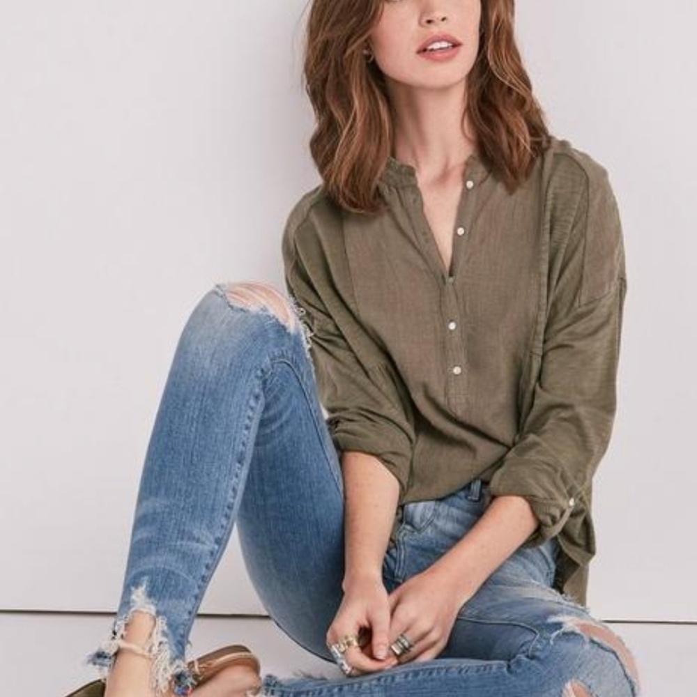 Lucky Band Woven Fauze Mixed Henley Top